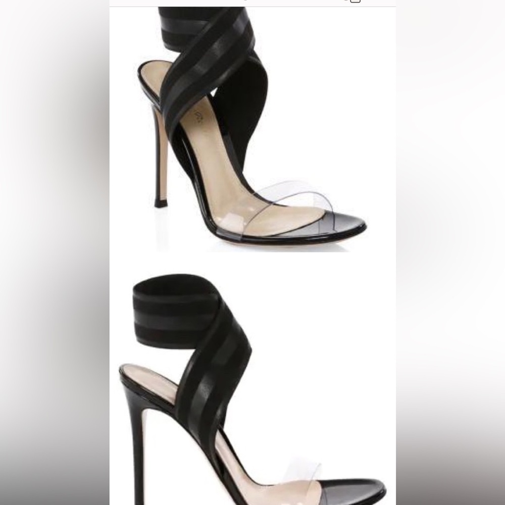 Gianvito Rossi black elastic ankle criss cross strap with clear pvc strap.